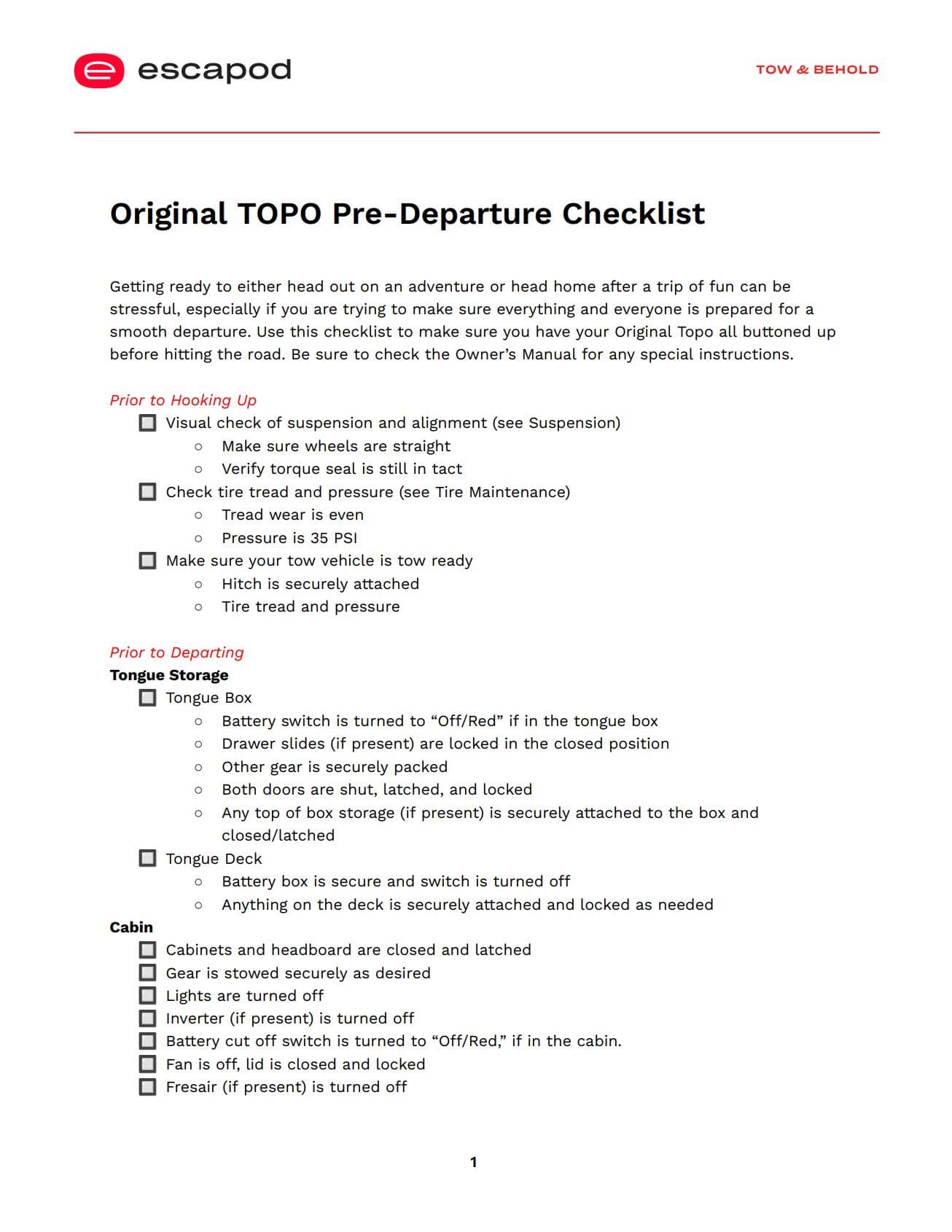 Screenshot of Escapod Original TOPO Pre-Departure Checklist