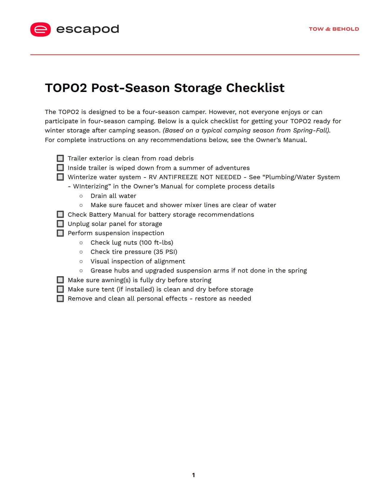 Screenshot of Escapod TOPO2 Post-Season Storage Checklist