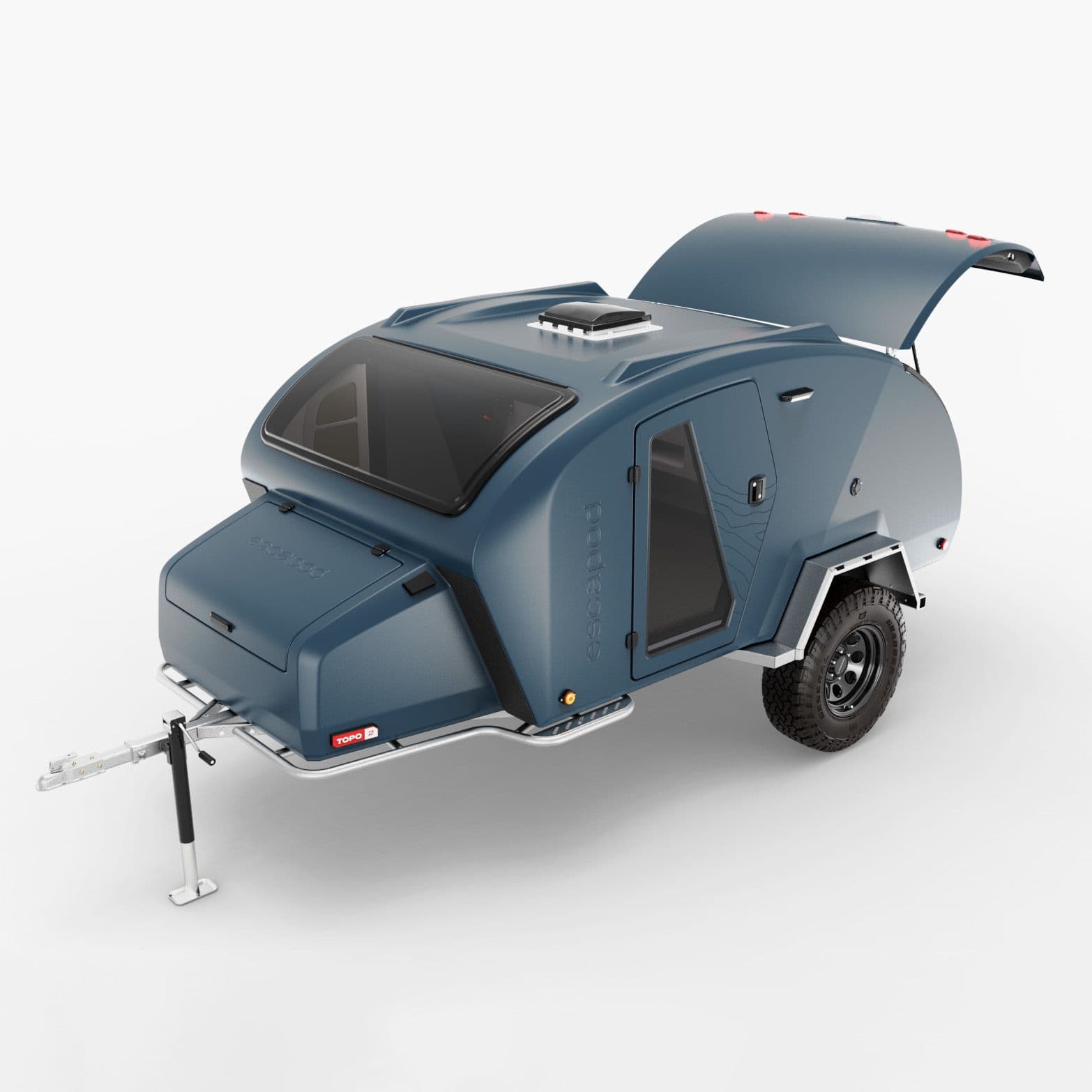 A TOPO2 Nomad photographed from above in Lost Coast Blue with Lost Coast Blue doors in a studio environment with a white background.