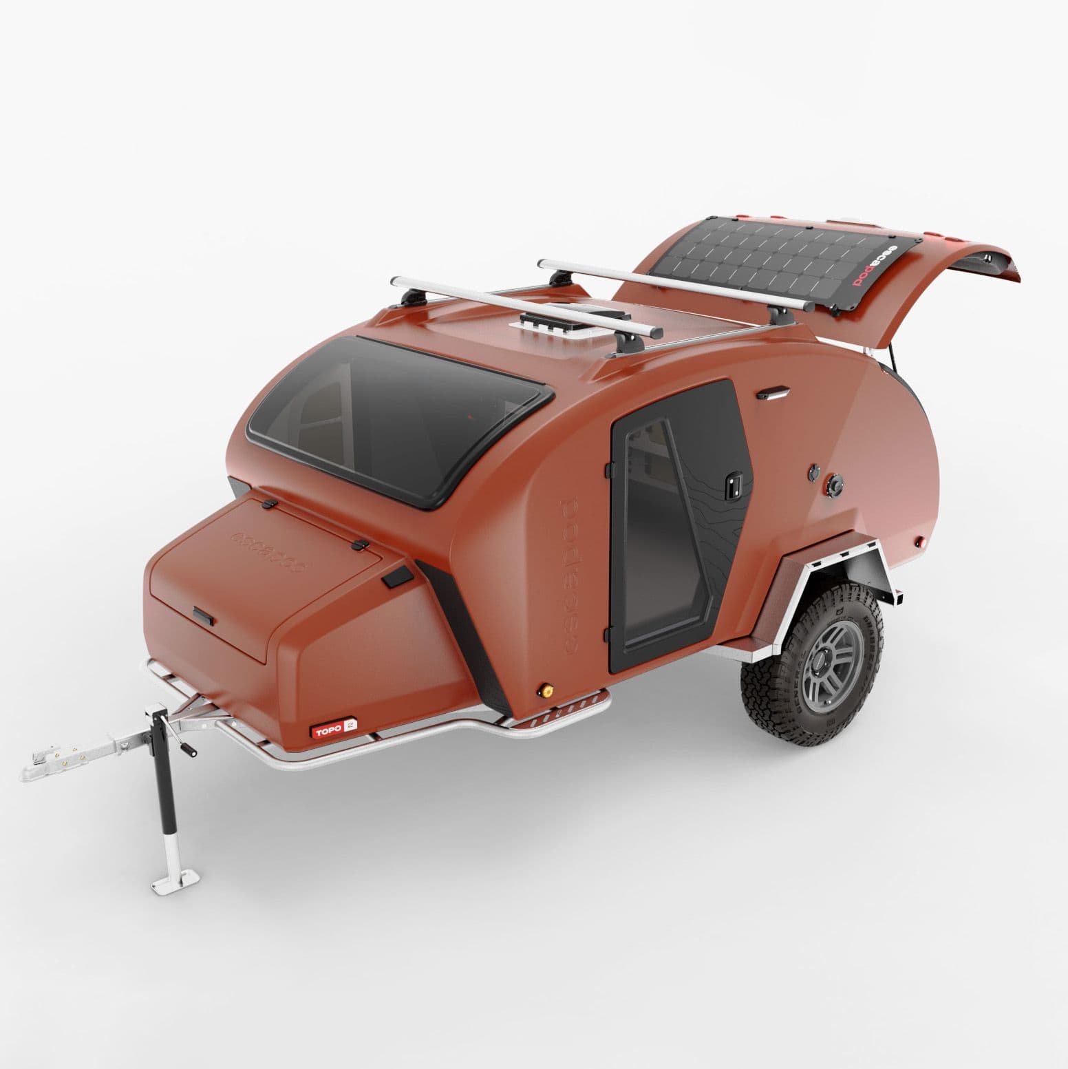 A TOPO2 Voyager photographed from above in Moab Red with Obsidian Black doors in a studio environment with a white background.