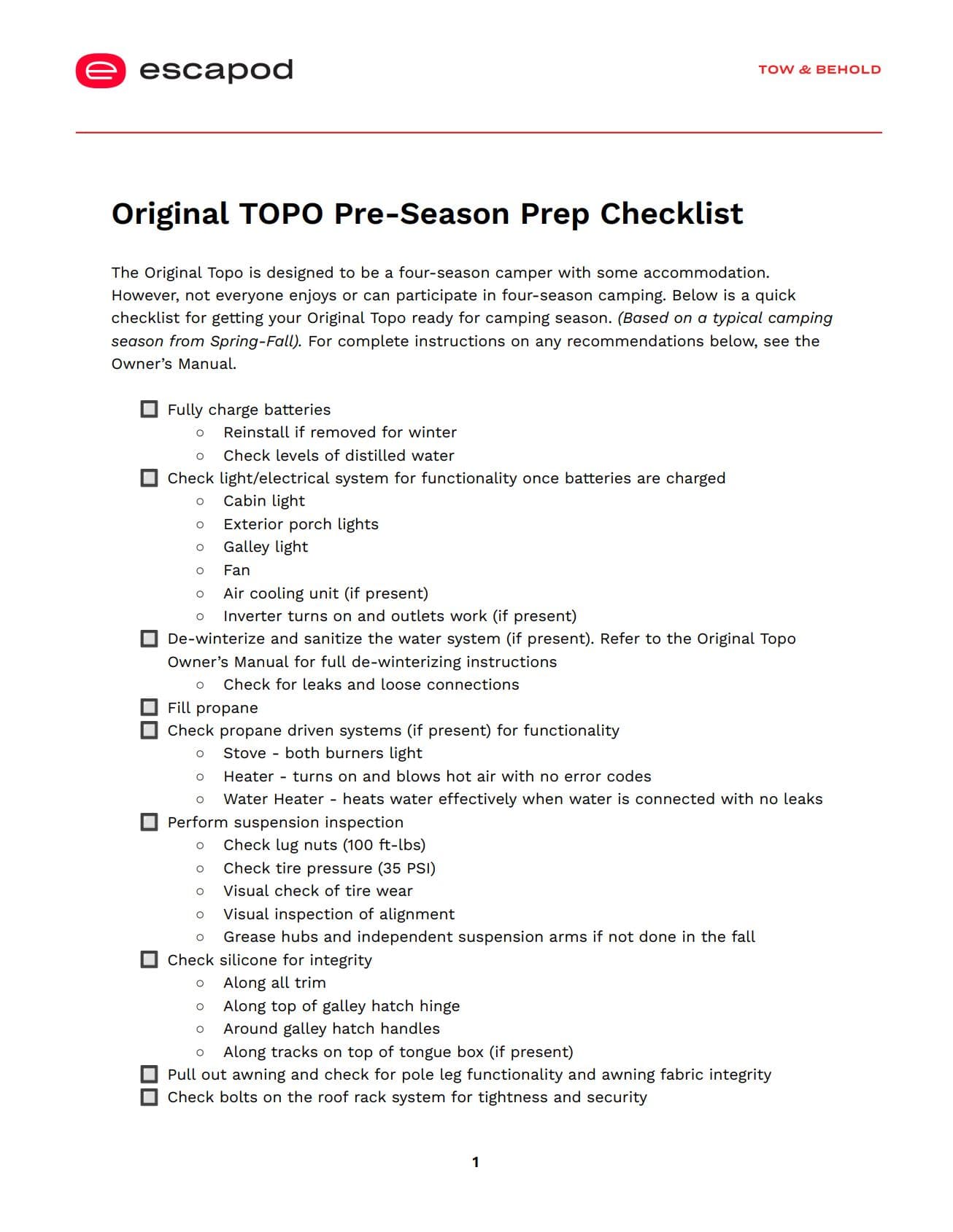 Screenshot of Escapod Original TOPO Pre-Season Prep Checklist