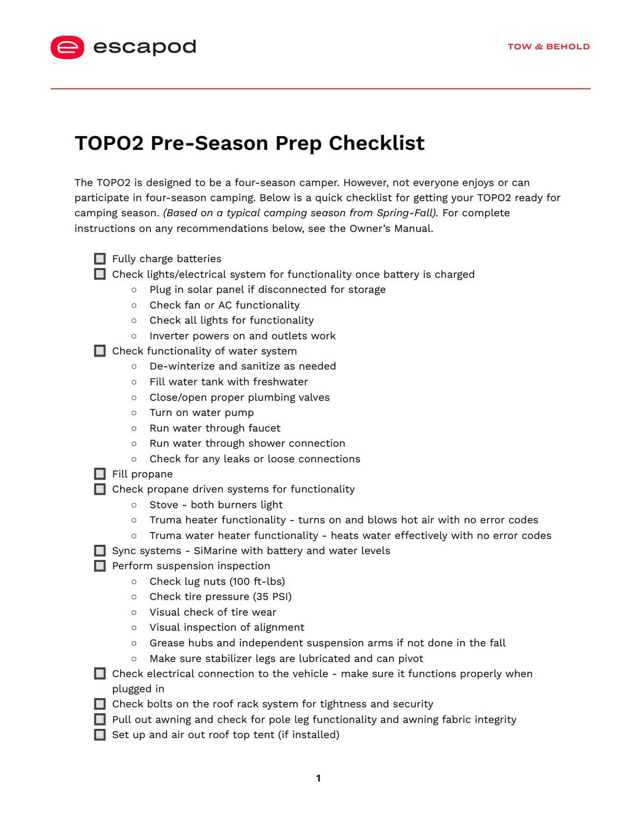 Screenshot of Escapod TOPO2 Pre-Season Prep Checklist